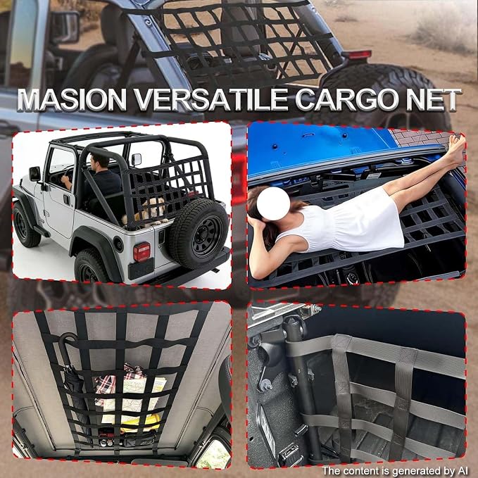 Universal Car Cargo Net&Hitch Hammock, Oversized Heavy Duty Mesh Netting | for Jeep Wrangler TJ JK JL 1997-2023 2/4 Door, Multi-Purpose Cargo Organizer, Camping Gear, Pet Barrier & Travel Accessory