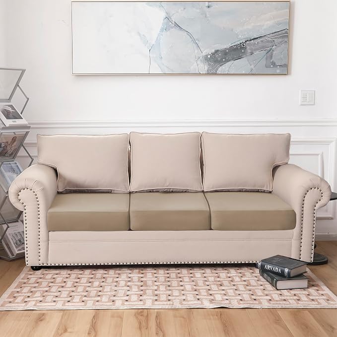 100% Waterproof Couch Cushion Covers, Replacement Sofa Cushion Covers, Stretch Individual Sofa Seat Cushion Slipcovers Furniture Protector for Kids Pets (3-Piece Sofa Cushion Cover, Sand)