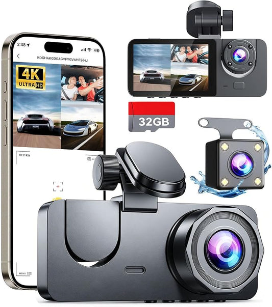 Dash Cam Front and Rear Inside, 3 Channel 4K+1080P Dash Camera for Cars, Free 32GB Card Included, App Control, 2” IPS Screen, G-Sensor, Loop Recording, Night Vision, 170°Wide Angle, Parking Monitor