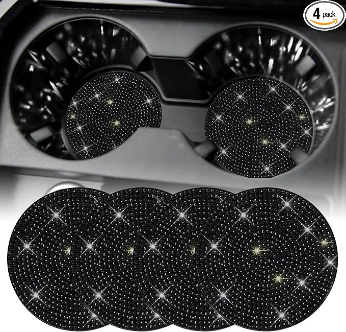 SINGARO Bling Cup Holder Coasters for Car, 4PCS Universal Non-Slip Cup Holder, Embedded Decorative Coasters, Shiny Crystal Car Interior Accessories Gifts for Women (Black)