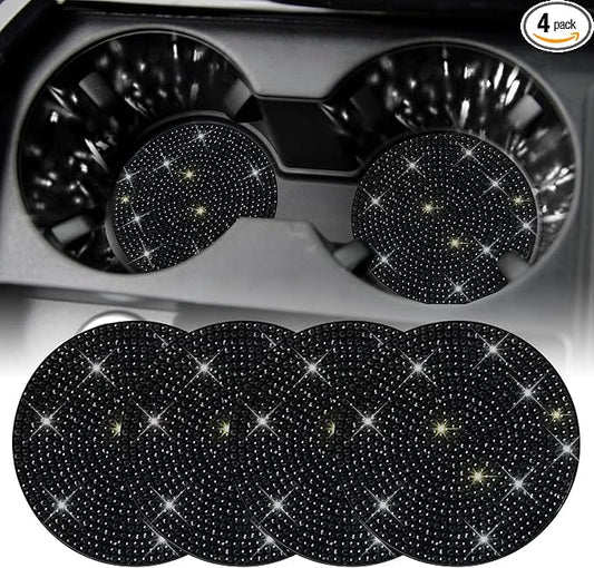 SINGARO Bling Cup Holder Coasters for Car, 4PCS Universal Non-Slip Cup Holder, Embedded Decorative Coasters, Shiny Crystal Car Interior Accessories Gifts for Women (Black)