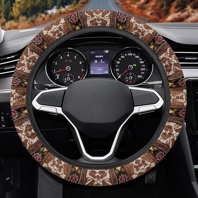 Wanyint Auto Steering Wheel Cover Universal Stretch 15 Inch Anti-Slip Neoprene Car Steering Wheel Protector for Women Men, Aztec Brown Beige Cow Print