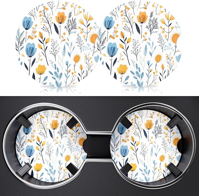 2 Pack Car Coaster, 2.63 inch Anti Slip Insert Absorbent Ceramic Coaster with Cork Base and Finger Notch, Cute Car Accessories Interior for Women