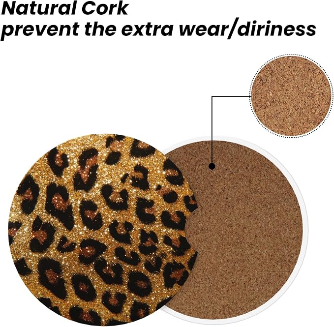 Leopard Print Shiny Car Cup Holder Coasters 2 Pack 2.63" for Women | Glittering Universal Anti Slip Ceramic Absorbent Coaster with Cork Base and Finger Notch Cute Car Accessories Interior