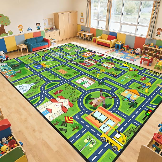 Play Mat for Playroom Bedroom 8x10 Feet Kids Rug, City Life Road Traffic Map Carpet with Zoo & Amusement Park, Non Slip Car Rug for Boys Girls Educational Learning Area