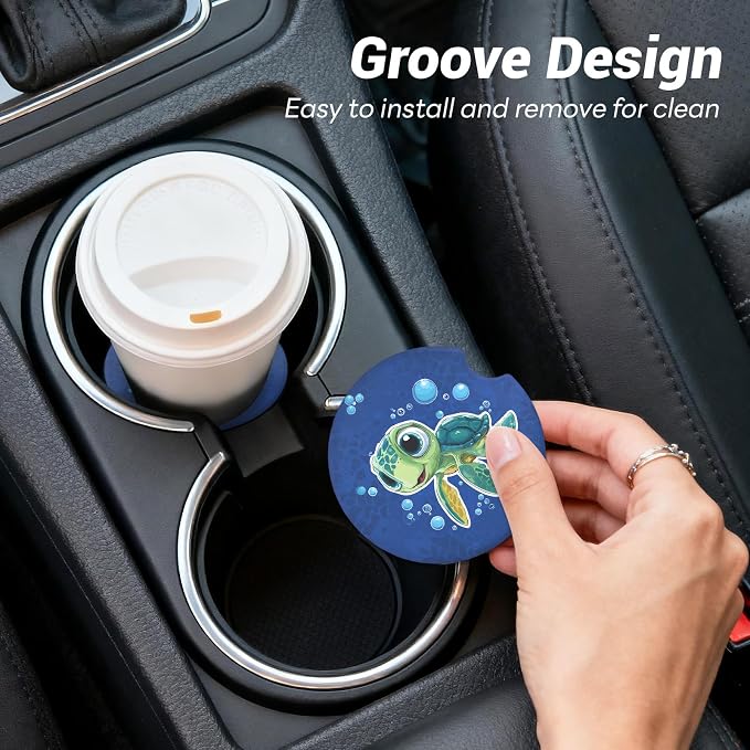 Car Cup Holder Ceramic Coasters 2 Pack, 2.56 in Anti Slip Absorbent Coaster with Cork Base and Finger Notch, Funny Cute Car Accessories Interior for Women, Green Turtle