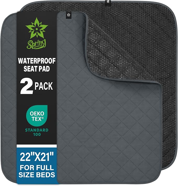 SPRING SEAON Waterproof Chair Pads for Adults & Elder, 22" x 21" Washable Reusable Incontinence Pads, Non-Slip Wheelchair Seat Cover for Bed, Car, Recliner & Protecting Patient Dignity (Gray, 2 Pack)