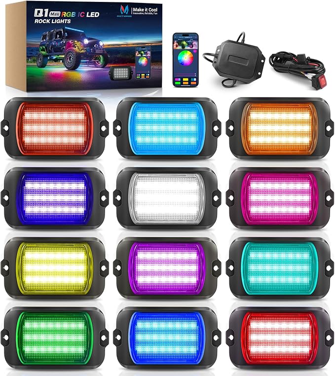 MICTUNING Q1 MAX RGB+IC Chasing Color Ultra-Bright Rock Lights 12 Pods Kits | 1000% Brighter 24 Light Chips Per Pod, Switch Wiring Kit, Aluminum Housing, IP68 Waterproof, Series/Parallel, Up to 24 Pods