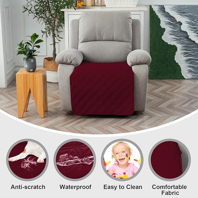 Genina Waterproof Recliner Chair Covers, Recliner Cover for Dog Pets Friendly, Washable Antislip Reclining Chair Cover Furniture Protector, Sofa Slipcover for Living Room(23.6inch/Burgundy)