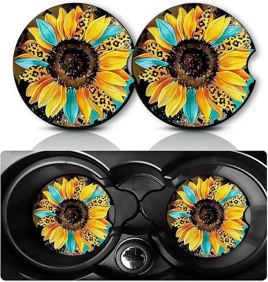 2Pcs Sunflowers Car Coasters,2.75" Neoprene Rubber Cars Cup Holder Coasters | Universal Non‑Slip Mat, Drink Coaster Decor Auto Accessories Sunflower Gifts for Women,Men