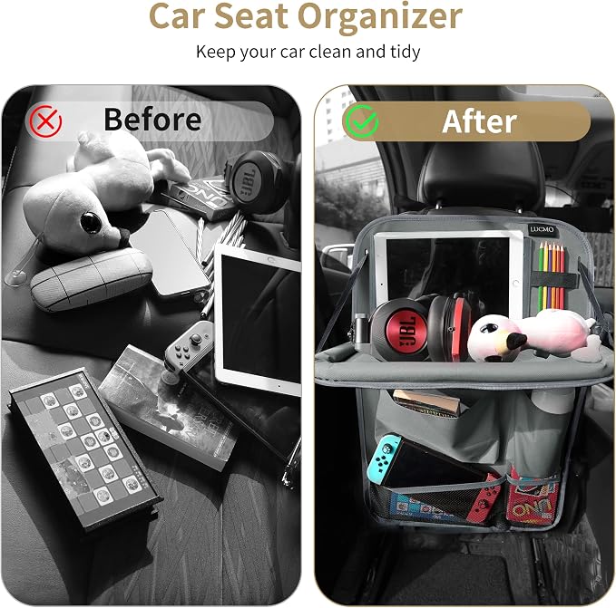 LUCMO Car Backseat Organizer with Foldable Tablet Holder, Grey | 6 Storage Pockets,Foldable Food Tray,Protectors Kick Mats,Travel Accessories,Seat Cover,Road Trip Essentials