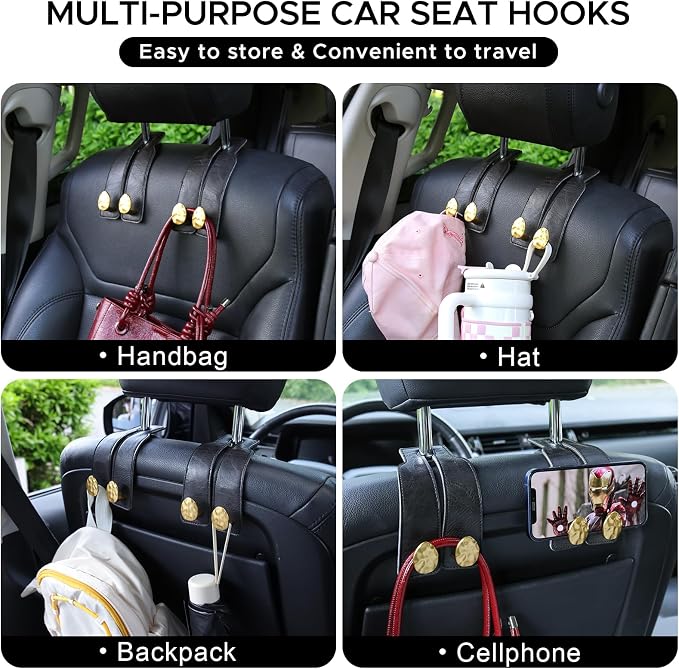 Leather Car Purse Hook for Headrest, 2 Pack, Black-Gold | Twin Hooks Headrest Hangers, 2/4 Pack, No-Slip, Scratch-Proof, Holds Purses, Backpacks, Grocery Bags, Car Organizer Gift