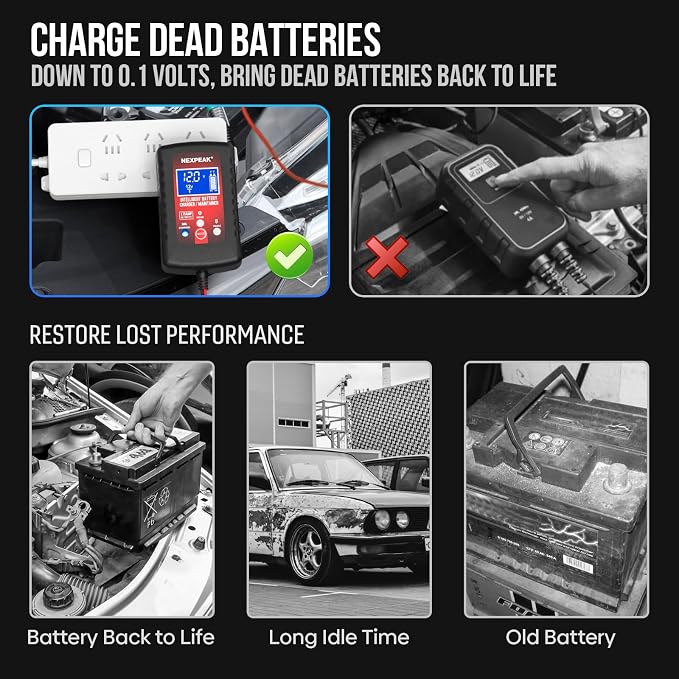 3-Pack 1.75A Car Battery Charger, 6V &12V Smart Battery Trickle Charger | Fully automatic 6V/12V Battery Charger, LCD screen monitors real-time status, Multi-protection for cars, boats, motorcycles
