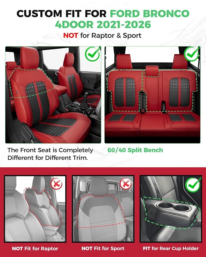 Custom Fit Leather Seat Covers for 2021-2026 Ford Bronco 4 Door | OEM fit, premium waterproof leather, full coverage, anti-slip, storage pockets, long-term durability, airbag compatible