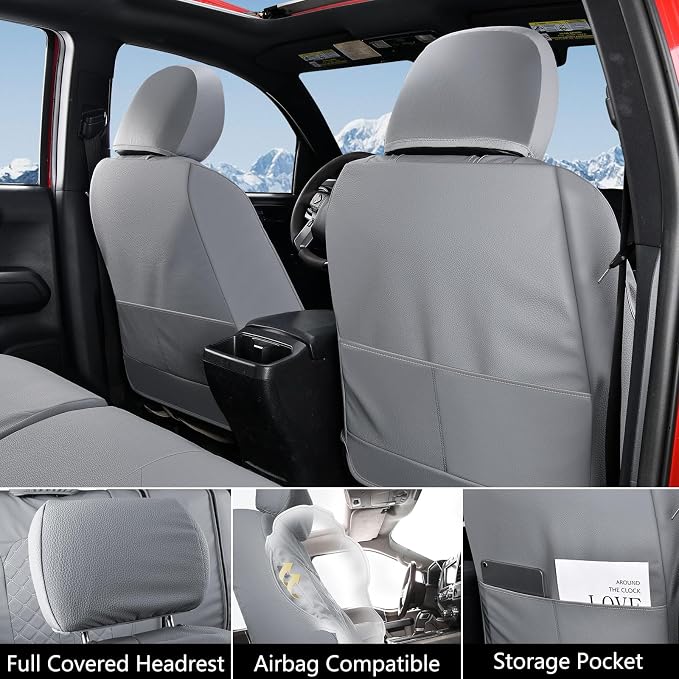 Truckiipa Seat Covers Full Set for Toyota Tacoma, Waterproof Leather Fully Covered Truck Seat Covers Fit for 4th Gen 2024 2025 2026 Toyota Tacoma Double Crew Cab, Full Set, Gray