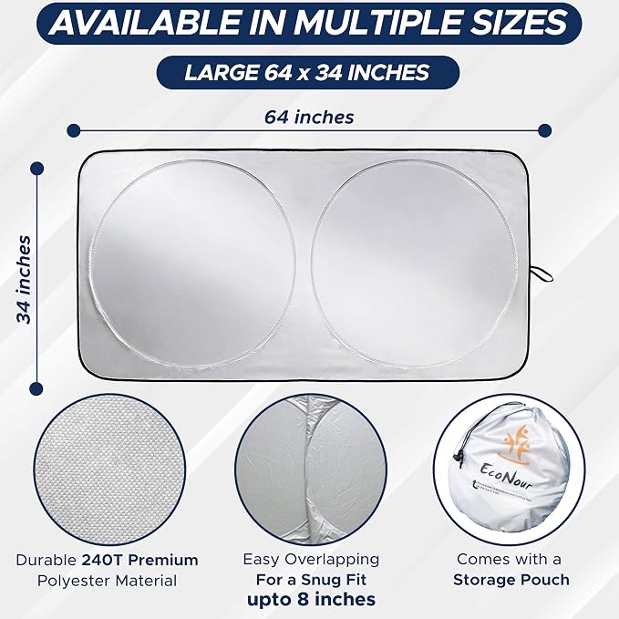 EcoNour Car Front Windshield Sun Shade for Car | SUV Accessories for Maximum Sun and Heat Protection | UV-Blocking Windshield Dash Cover & Sun Visor for Cooler Interior | Large (64 x 34 Inches)