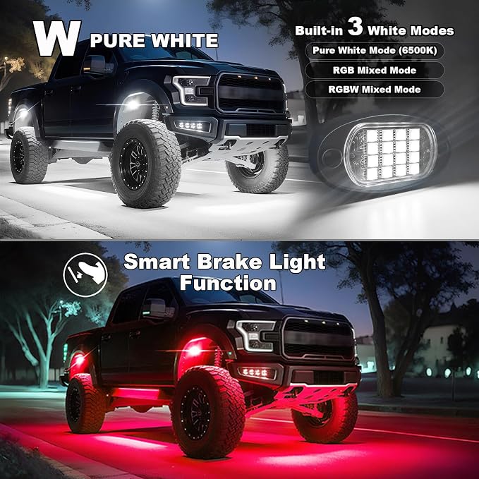 4 Pods RGBW LED Rock Lights, RGB with Pure White Rock Light for ATV UTV Golf Cart RZR SXS Truck Offroad SUV Car Underbody, 12V Waterproof Multicolor Underglow Kit with APP/RF Remote Control Sync Music