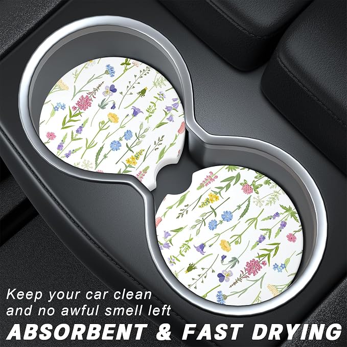 Aiawoxc Car Cup Holder Coasters, 2 Pack Universal Auto Anti Slip Insert Coaster with A Finger Notch, Cup Mat for Most Car Interior, Colorful Flower