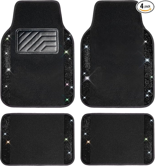 CAR PASS Bling Diamond Car Floor Mats, Sparkling Crystal Shining Glitter Rhinestone Carpet, Anti-Slip PVC Heel Pad Waterproof Universal for Automotive SUV,Sedan,Van,4pcs Girl Women Men Black Diamond