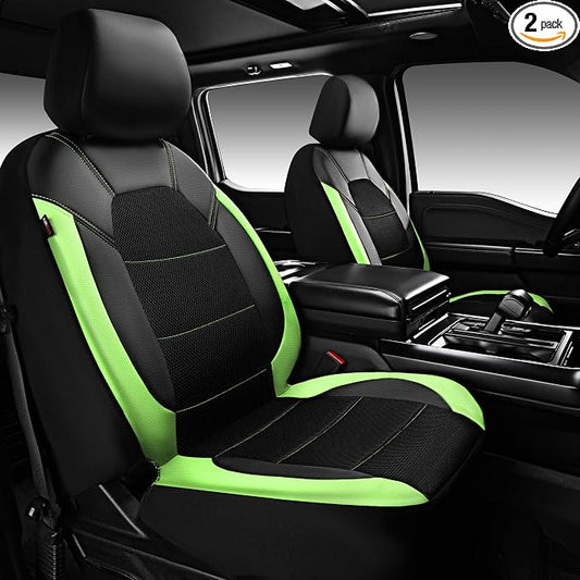 CAR PASS Leather Car Seat Covers Front Seats only, with Air Mesh Front Seat Covers Breathable, Cool Automotive Seat Covers 2 Pack, Universal Fit Most Cars,SUV,Truck,Van Airbag Compatible(Black Green)