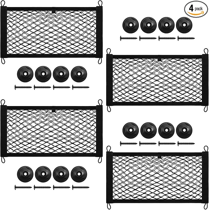 [4 Pack] Cargo Storage Net, 19.7x9.8'' DEDC Cargo Net Pocket, Universal Accessories Elastic Automotive Large Cargo Net Storage Mesh Pocket with 16 Mounting Screws, Hooks for Truck Car SUV Boats | Automotive Large Boat/Cargo Net Storage Mesh Pocket with...