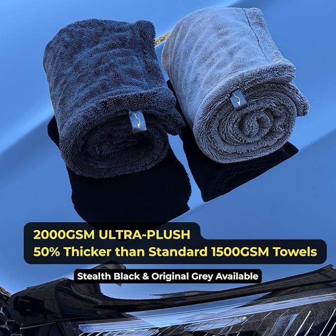 Sleek Max Dry 2000GSM Car Drying Towel 20x31, Black | Ultra-plush twist-loop microfiber, maximum absorption, soft on paint, double-sided, cars, trucks, SUVs & full-vehicle drying