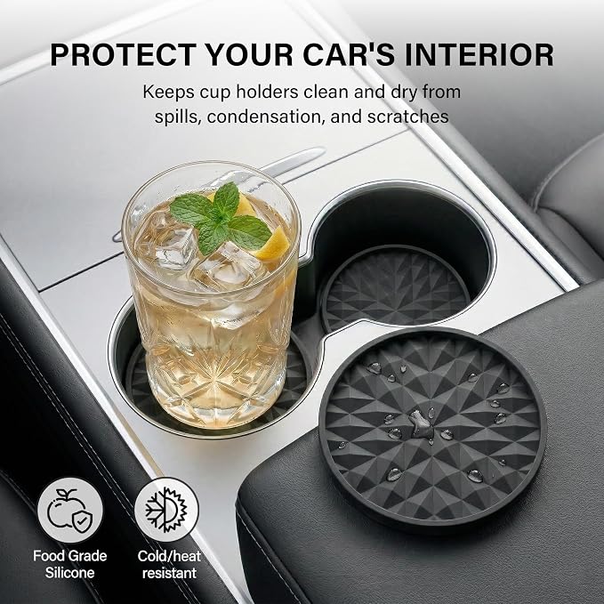 Car Coasters Silicone [4 Pack] 2.75in Universal Mats Non-Slip, Embedded Car Interior Accessories, Car Cup Holders Insert Coasters Decor，Black