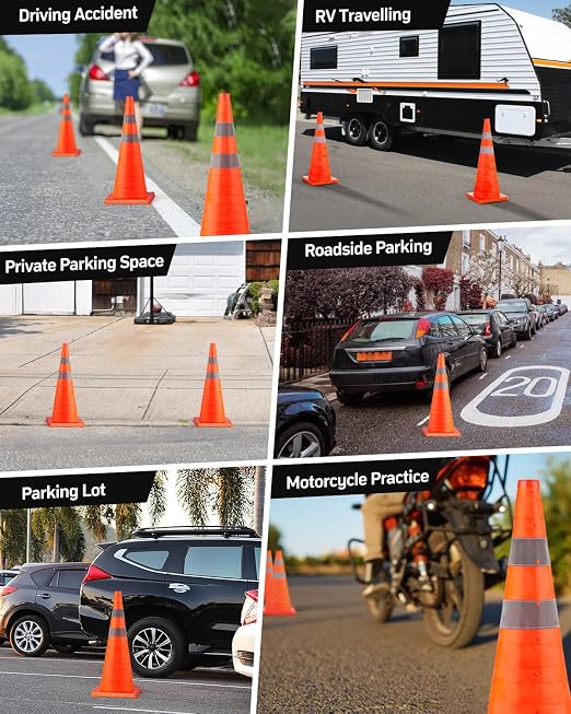 BATTIFE [4 Pack] 28 Inch Collapsible Traffic Safety Orange Cones, Multi Purpose Pop-up Cones and Reflective Collar, for Road Parking, Driving Practice