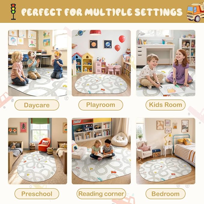 STARUIA Grey Kids Rug for Playroom, 5'x7' Washable Road Rug for Kids Bedroom, Non-Slip Car Rugs for Nursery, Large Traffic Play Mat Utral Soft Baby Carpet for Boys Girls Dorm Toy Room Tent