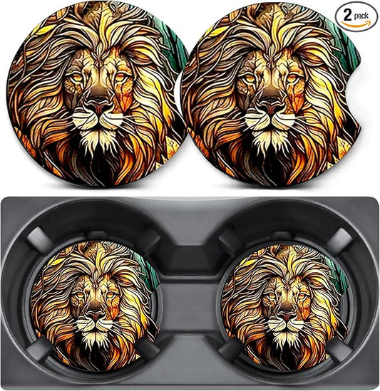 2 Pack Lion Car Coasters for Cup Holder,Neoprene Anti Slip Mat | 2.75" Universal Size,Auto Rubber Drink Coasters Decor Car Accessories Lion Gifts for Women Men