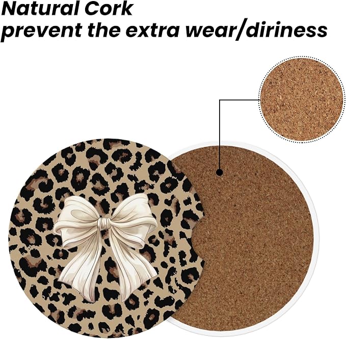 Absorbent Car Coasters for Cup Holders, 2 Pack Universal Anti Slip Ceramic Cup Coaster for Women Men 2.56 Inch Car Interior Accessories - Bow Tie Brown Leopard 007