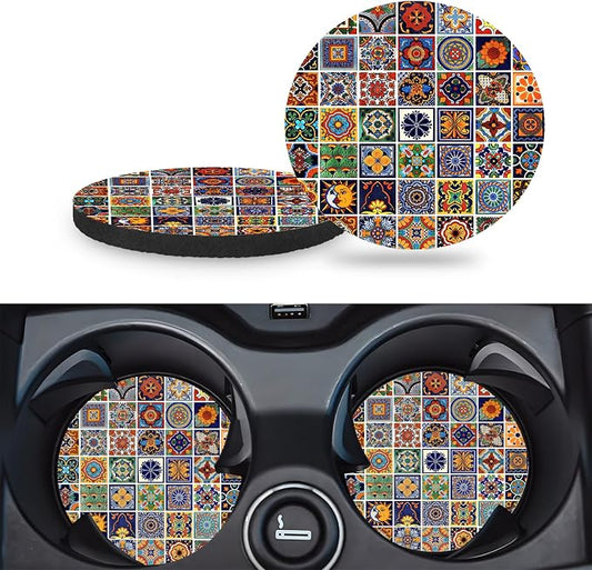 Car Cup Holder Coasters, 2 Pack – 2.75" Universal Auto Anti-Slip Insert Coaster, Rubber Car Coasters, Personalized Car Accessories for Women & Men (Mexican Tiles)