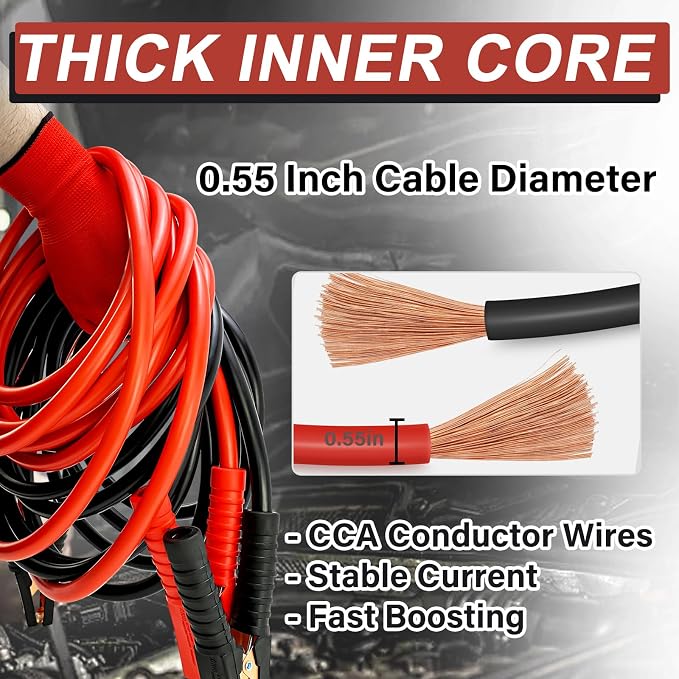 Jumper Cables, 0 Gauge 3000AMP 20FT,Heavy Duty Automotive Booster Cables for 12V/24V Car, SUV &Truck Battery, with Strong Clamps & Thiekened Inner Core, Carry Bag and Gloves Included