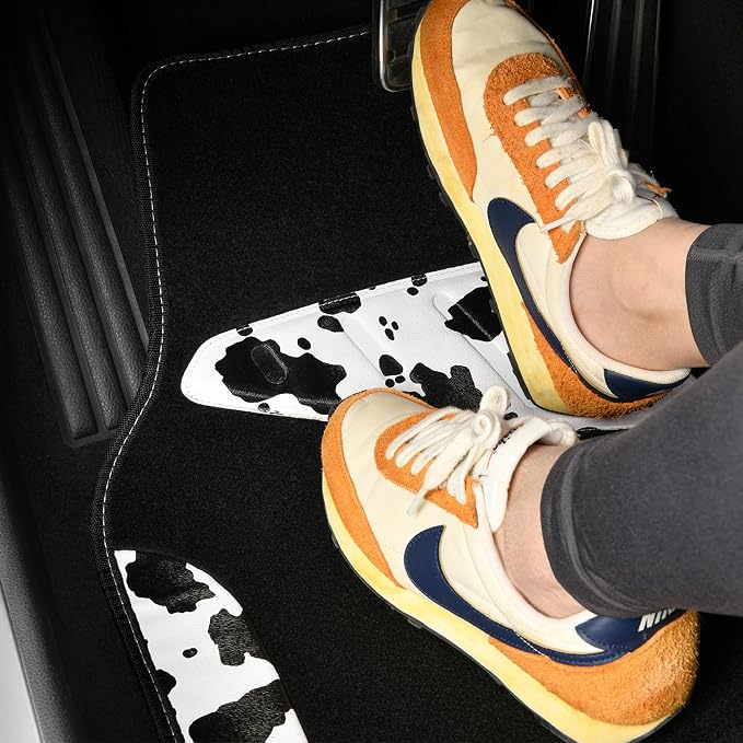 CAR PASS Waterproof Universal 3Pcs Car Floor Mats, Cow Print Car Mats Fit for SUV,Vans,sedans, Trucks,Set of Vehicles Car Carpet with Driver Heel Pad and Nibs Backing, Cute Women Girly (Black White)