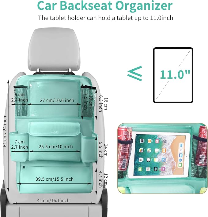 LUCMO Car Backseat Organizer with Touch Screen Tablet Holder, Light Blue | 9 Storage Pockets,Clear Tablet Holder,Protectors Kick Mats,Travel Accessories,Seat Cover,Road Trip Essentials