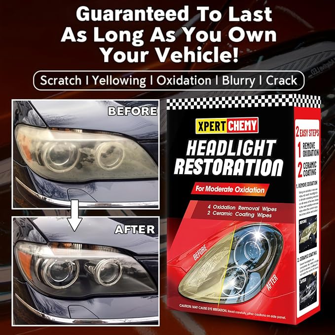 XPERTCHEMY Headlight Restoration kit, 2-Step Headlight Cleaner & Protective Coating Wipes, Removing The Moderate Yellowing, Haziness and Oxidation, Provides with the Best Protection 18 Months