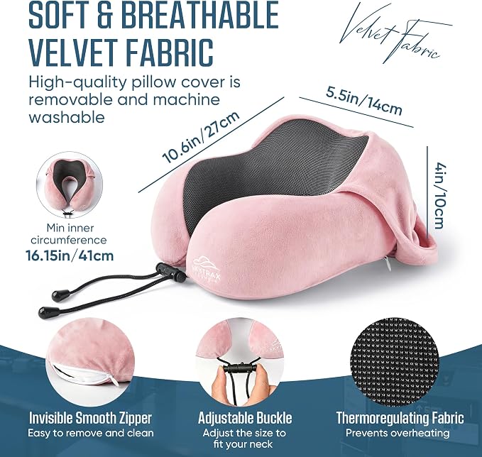 SkytraxComf® Travel Neck Pillow with Hood for Privacy on Long Flights | Memory Foam | Airplane Sleep | Safety-Tested Materials | Extra Large Hood | Chin Support | Earplugs | Washable Cover