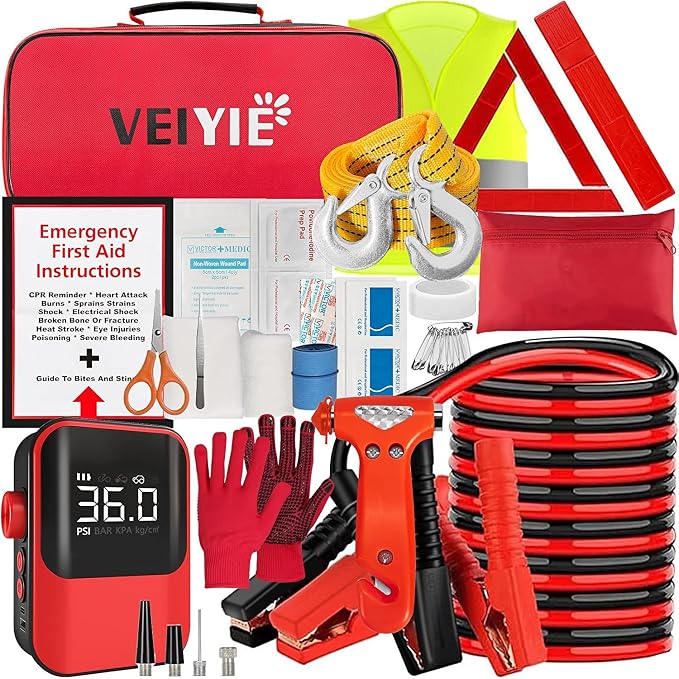 Roadside Emergency car kit for Vehicles, Car First Aid Emergency kit with Portable Air Compressor, Heavy Duty Jumper Cables, Tow Strap, Road Trip Essentials Safety kit, New Driver Gifts