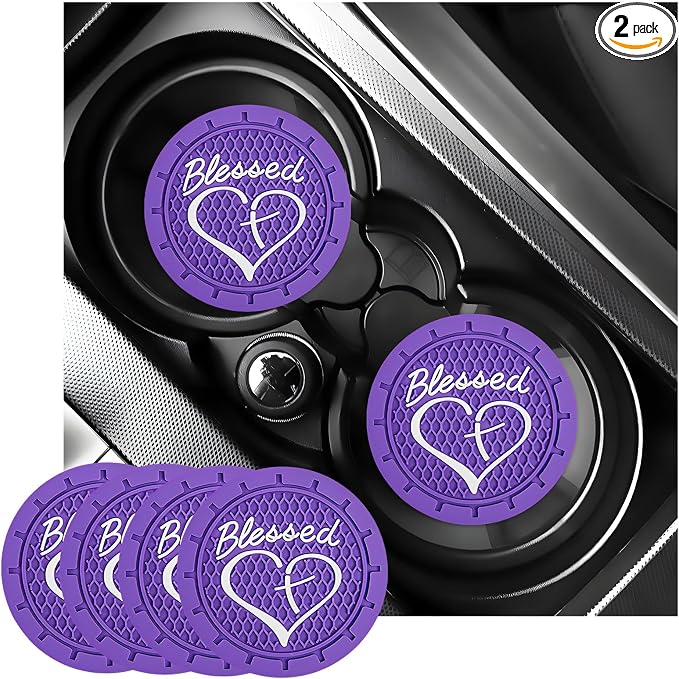 KVAEY 2 PCS Car Cup Holder Coasters, 2.76 Inch Anti Slip Vehicle Drink Mats with Cute Blessed Cross and Heart, Shockproof, Universal Car Accessories (Purple, 4 PCS)