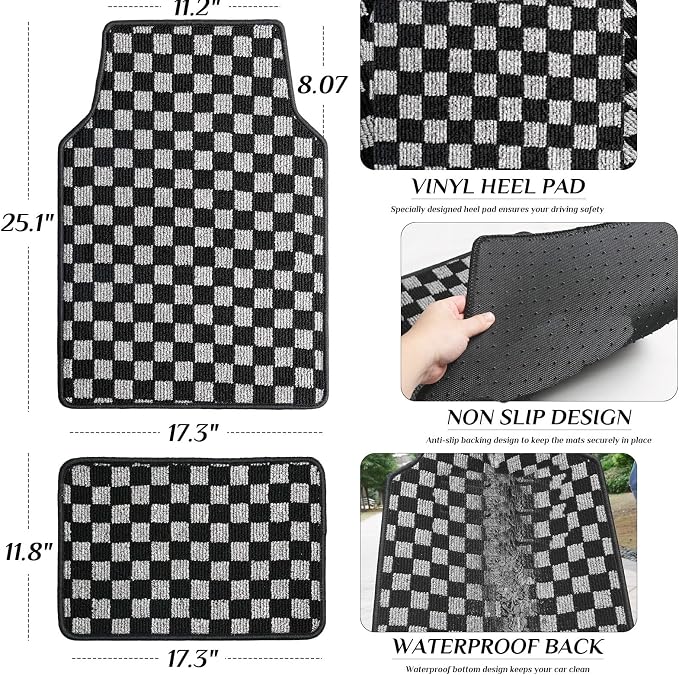 Plaid Car Floor Mats Set of 4,Checkered Plaid Pattern Vehicle Front Rear All Weather Carpets Mosaic Mats Rugs Non-Slip Auto Foot Mats Car Accessories Universal Fit for Car SUV Truck Van (Black White)