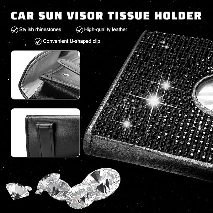 Bling Car Sun Visor Tissue Box Holder, Sparkling Auto Sun Visor Napkin Box Mask Holder, PU Leather Glitter Rhinestone Backseat Paper Towel Case for Cars Trucks SUVs (Black)