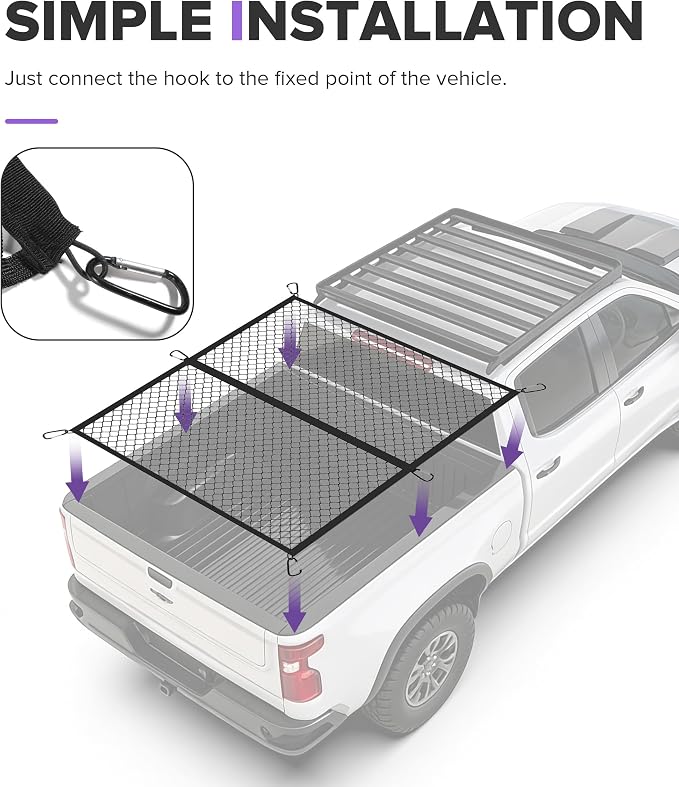 Truck Bed Organizer,Car Accessories Foldable Ultra Strong Truck Bed Storage Cargo Net with 6 Pcs Carabiner Clips,Automotive Cargo Nets,Compatible with Most Large Trucks,Crossovers,SUVs