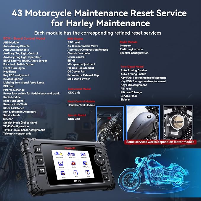 iCarsoft MT V6 Motorcycle Diagnostic Scan Tool for Harley, 57 Reset Services, 43 Actuation Test, Battery Test, All Motorbike System Diagnose, Read/Clear Codes, Live Data,Also Car OBD2 Diagnose