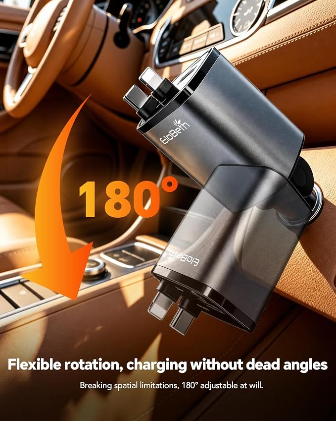 84W Retractable Car Charger,Car Phone Charger USB C Fast Charge for iPhone | EloBeth Car Charger,Cigarette Lighter USB Charger Car Accessories,Road Trip Essentials Gift for Men,for iPhone 17/16,Galaxy