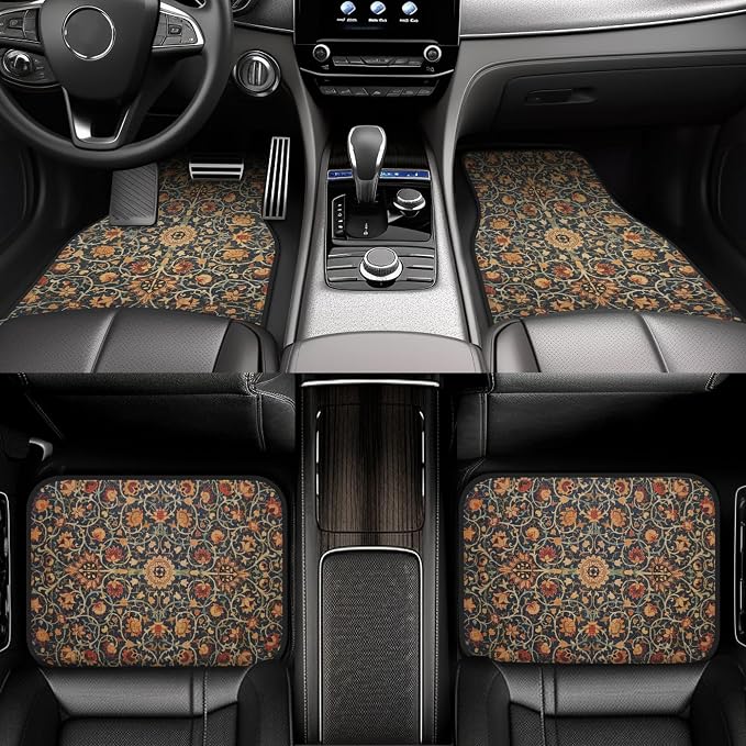 Vintage Boho Car Floor Mats-Non-Slip Rubber Backing,Front (26.8x17.3in) & Rear (13x17.3in) Set-Water Absorbing, Durable Automotive Floor Liners with Stylish Patterns