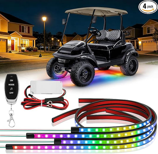 CLUBRALLY Golf Cart Underglow LED Light Strip Kit, 28 Modes Neon Underbody Glow, 12-85V, Music Sync, Wireless Remote Control, Universal for All Golf Carts, EZGO, Club Car, Yamaha, 4 Pack