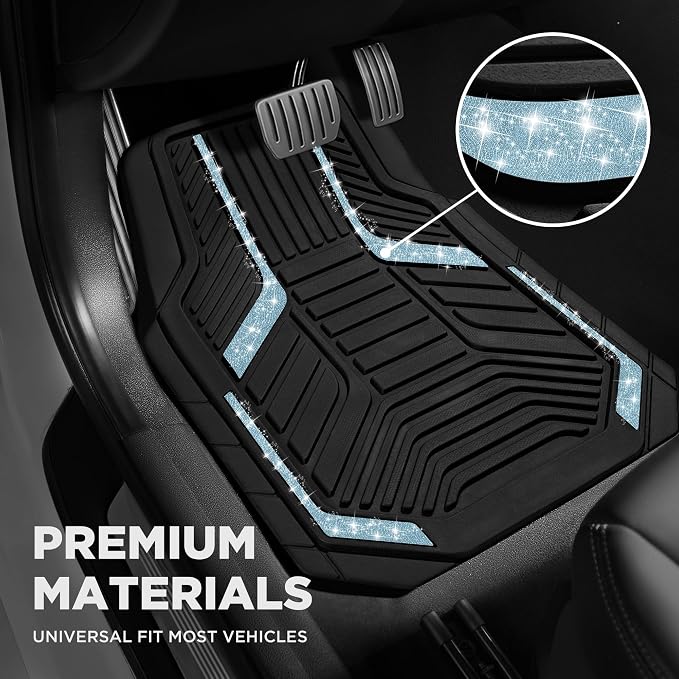 PIC AUTO Car Floor Mats, Light Blue Sparkly Crystal Bling Glitter Car Mats Set, Front and Rear Heavy Duty Rubber Car Mats with Anti-Slip Backing, All Weather, Trim-to-Fit for SUVs, Trucks, Sedan, Vans