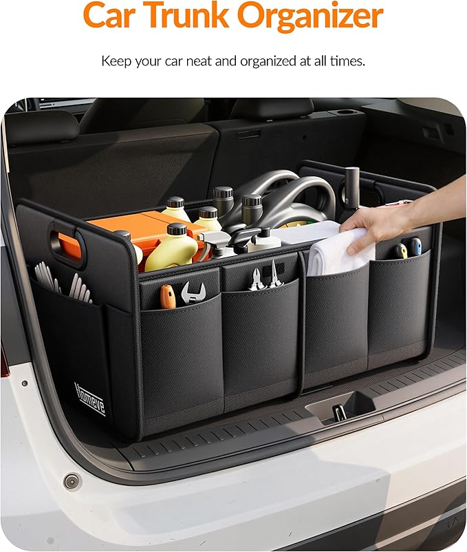Homeve Car Trunk Organizer for SUV, Small Compact Size No-Sag Heavy Duty, 7 Pockets Foldable Waterproof Anti-Slip Storage, Fit Sedan, Truck, Front Seat, Universal Car Accessories, Black, 2 Compart