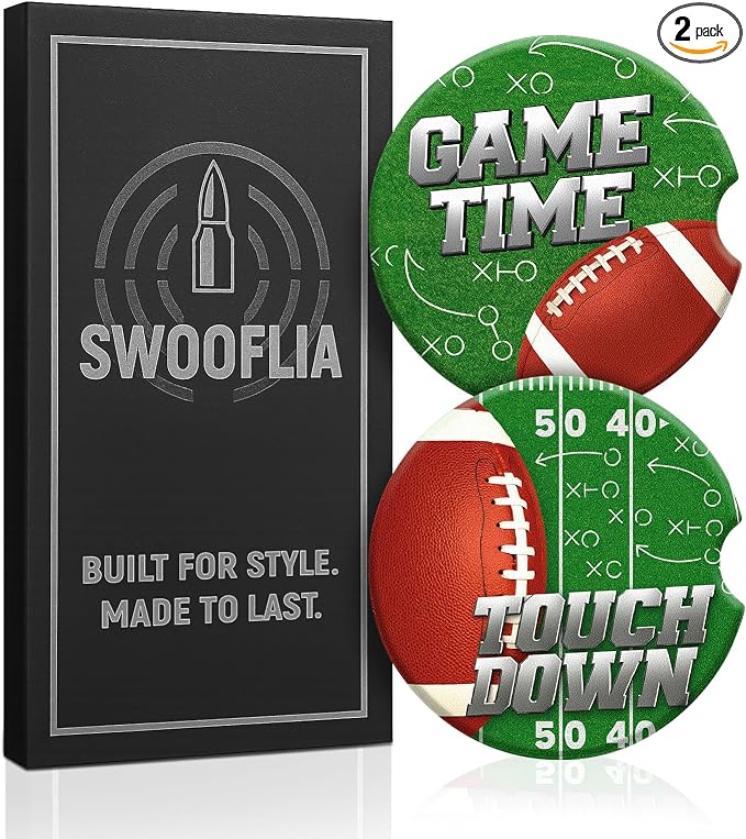 Swooflia Car Coasters for Men - Touch Down Ceramic Car Cupholder Coaster Cool Absorbent Mat Coaster with Cork Base 2 Pack Automotive Cup Holder Accessories New Driver Gifts