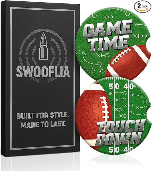 Swooflia Car Coasters for Men - Touch Down Ceramic Car Cupholder Coaster Cool Absorbent Mat Coaster with Cork Base 2 Pack Automotive Cup Holder Accessories New Driver Gifts